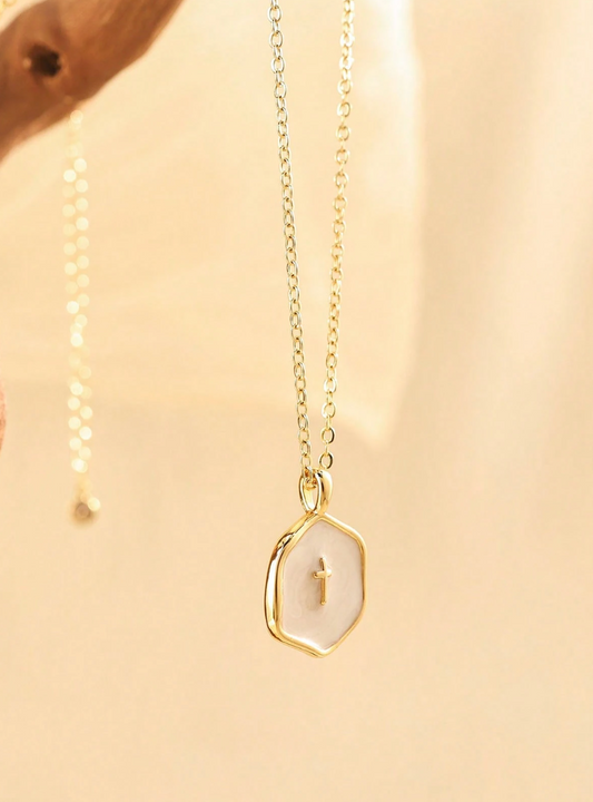 Petite enamel cross necklace in gold, shown close up — view 2