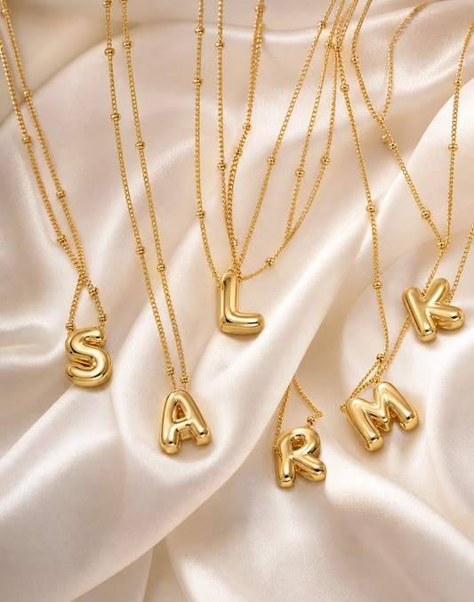 Personalised bubble letter initial necklace in 14K gold plating — view 2