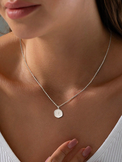 Petite enamel cross necklace in gold, shown close up — view 11