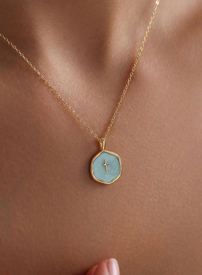 Petite enamel cross necklace in gold, shown close up — view 3