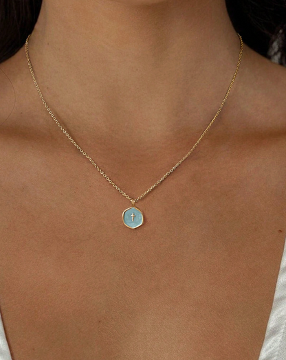 Petite enamel cross necklace in gold, shown close up — view 14