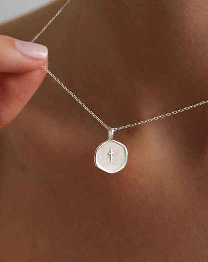 Petite enamel cross necklace in gold, shown close up — view 5