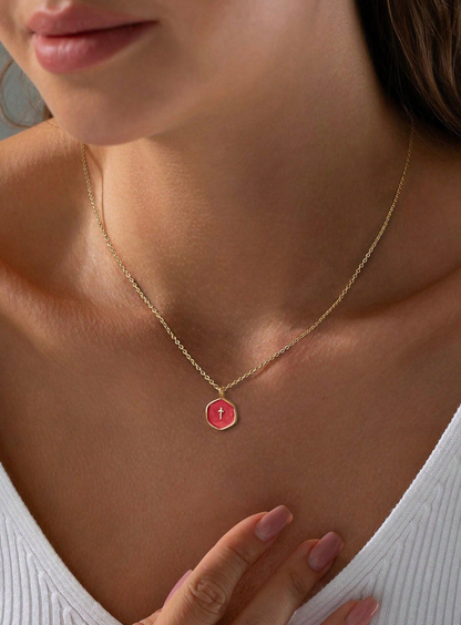 Petite enamel cross necklace in gold, shown close up — view 6