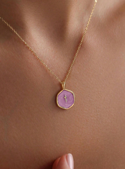 Petite enamel cross necklace in gold, shown close up — view 12
