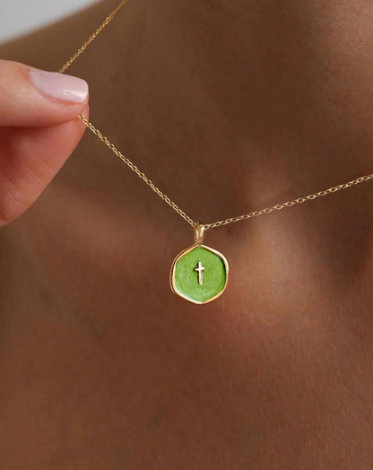 Petite enamel cross necklace in gold, shown close up — view 10